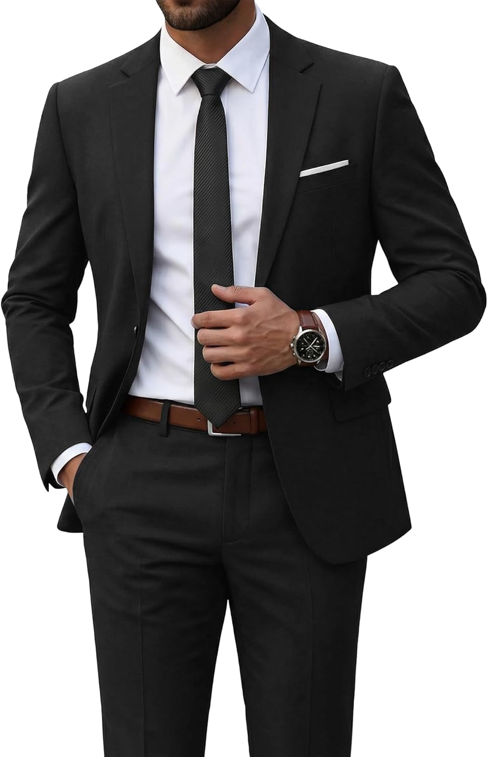 Men's 2 Piece Suit with Tie, One Button Slim Fit Solid Jacket and Pants Set, Suits for Men Prom Party Wedding & Business Large Black