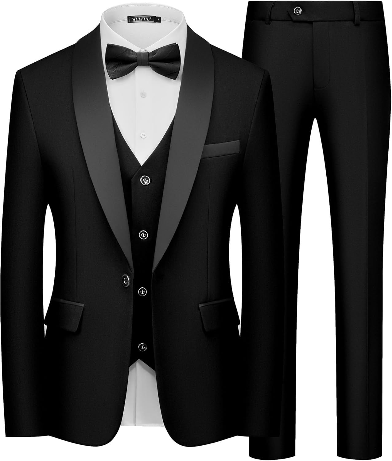 Men's 3 Piece Suits Slim Fit Tuxedo Suit Set One Button Shawl Lapel Blazer Jacket Vest Pants Set for Prom, Business Black Medium