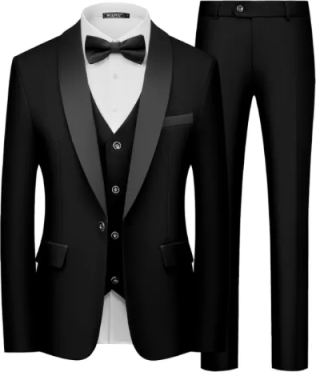 Men's 3 Piece Suits Slim Fit Tuxedo Suit Set One Button Shawl Lapel Blazer Jacket Vest Pants Set for Prom, Business Black Medium