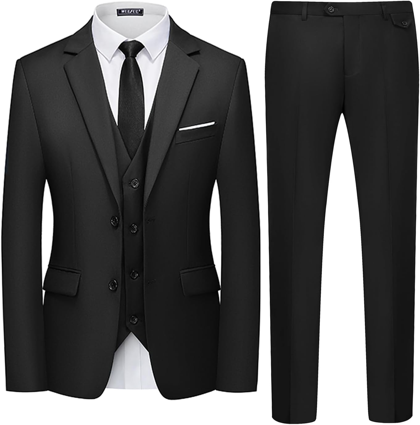 Men's 3 Piece Slim Fit Suit Set Two Button Blazer Jacket Vest Pants Tuxedo Set for Party, Wedding and Business Large Black
