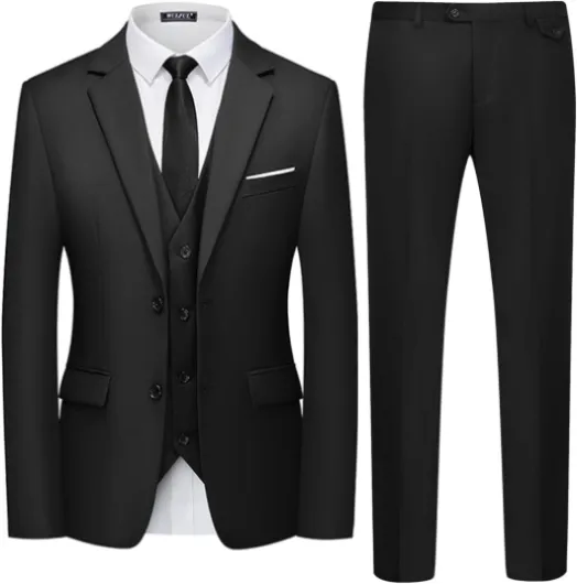 Men's 3 Piece Slim Fit Suit Set Two Button Blazer Jacket Vest Pants Tuxedo Set for Party, Wedding and Business Large Black