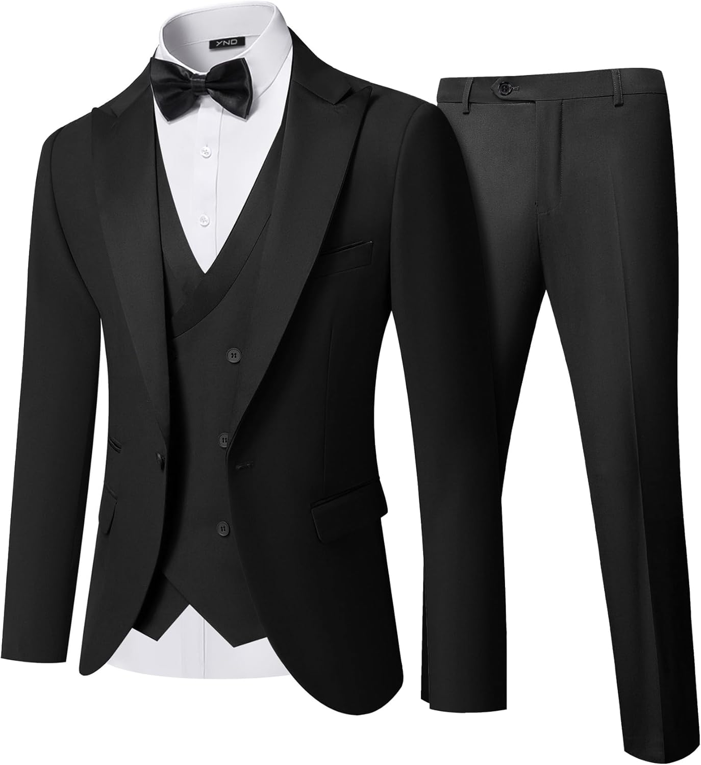 Men's 3 Piece Slim Fit Wedding Tuxedo Set, Peak Lapel One Button Suit Jacket, Double Breasted Vest Pants with Bow Tie Large Black