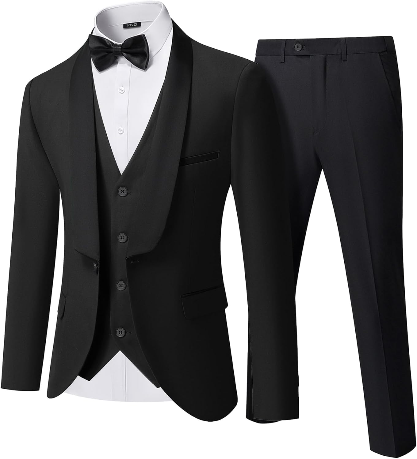 Men's 3 Piece Slim Fit Tuxedo Suit Set, One Button Shawl Lapel Solid Blazer, Jacket Vest Pants with Bow Tie Medium Black
