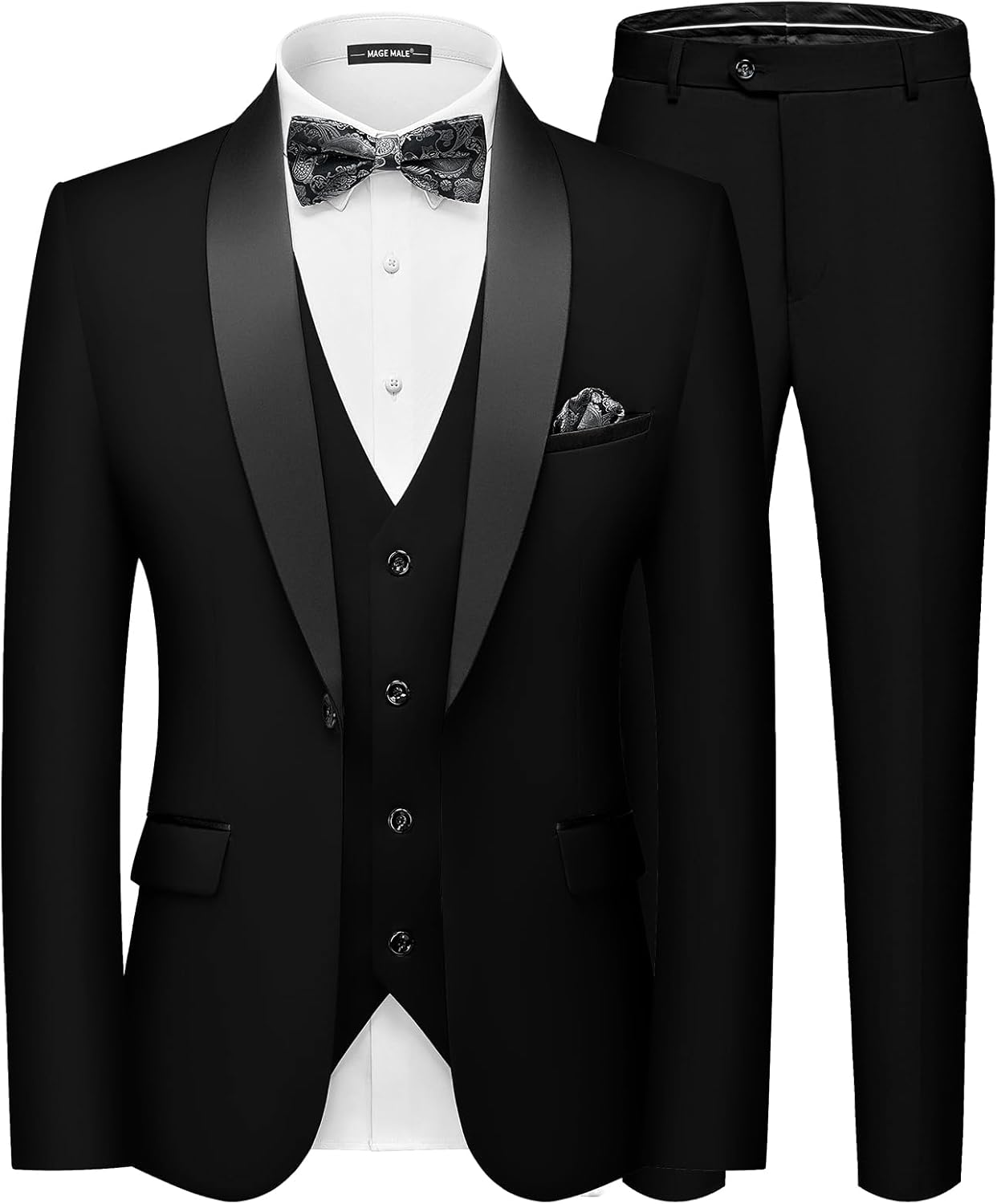 Men's Slim Fit 3 Piece Suit One Button Solid Shawl Lapel Blazer Jacket Vest Pants Set with Tie Pocket Square Medium Black