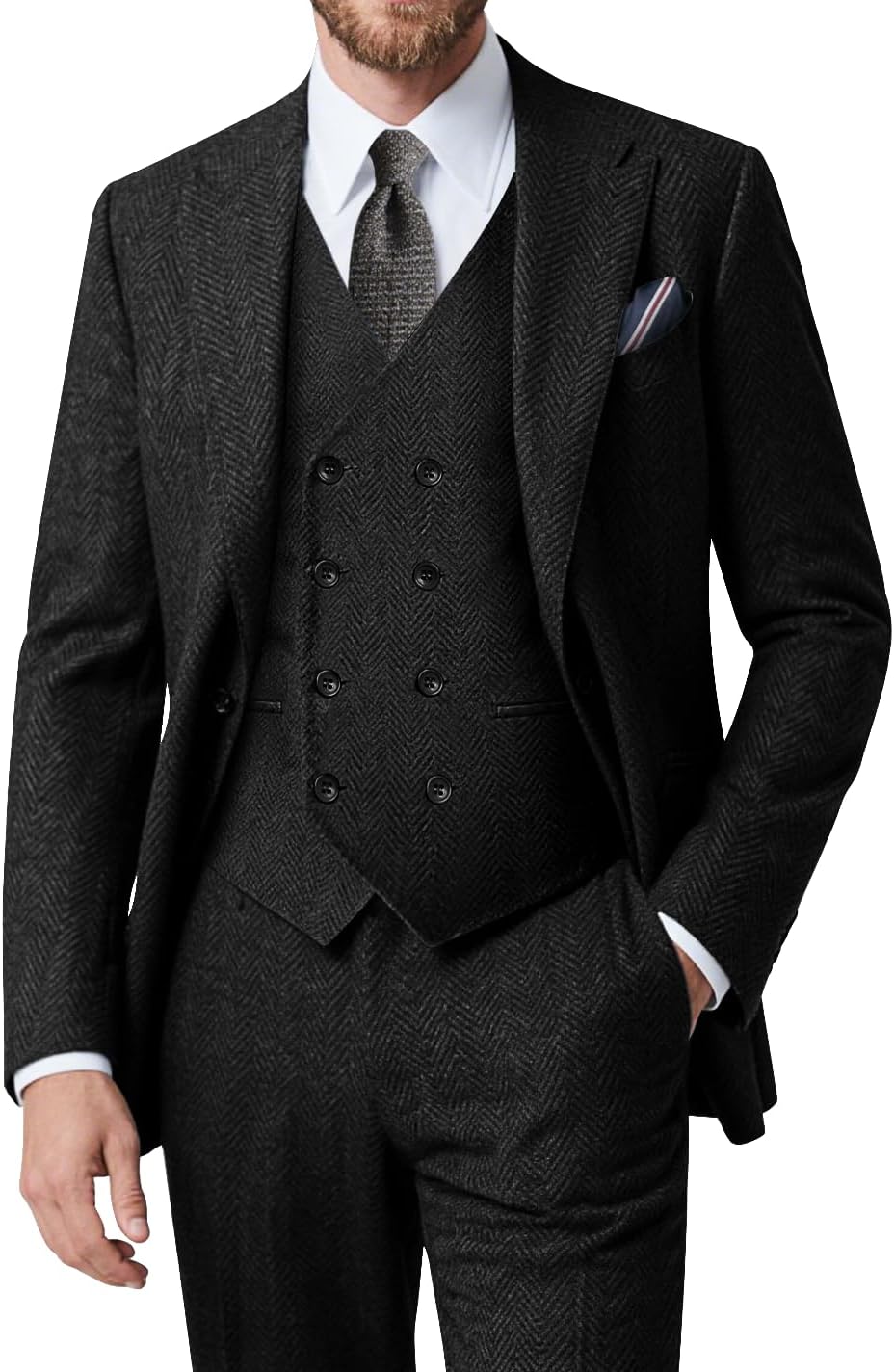 Vintage Tweed Herringbone Suits for Men 2 Button Slim Fit 3 Piece Formal Wool Suit Jacket Vest Pants Men Prom Dress Tuxedo Black Small