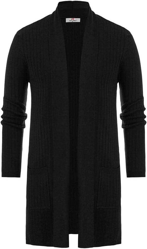 PJ PUAL JONES Men's Shawl Collar Open Front Long Cardigan Ribbed Knit Sweater with Pockets Medium Black