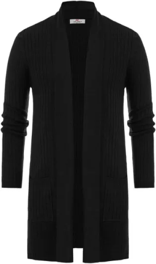 PJ PUAL JONES Men's Shawl Collar Open Front Long Cardigan Ribbed Knit Sweater with Pockets Medium Black