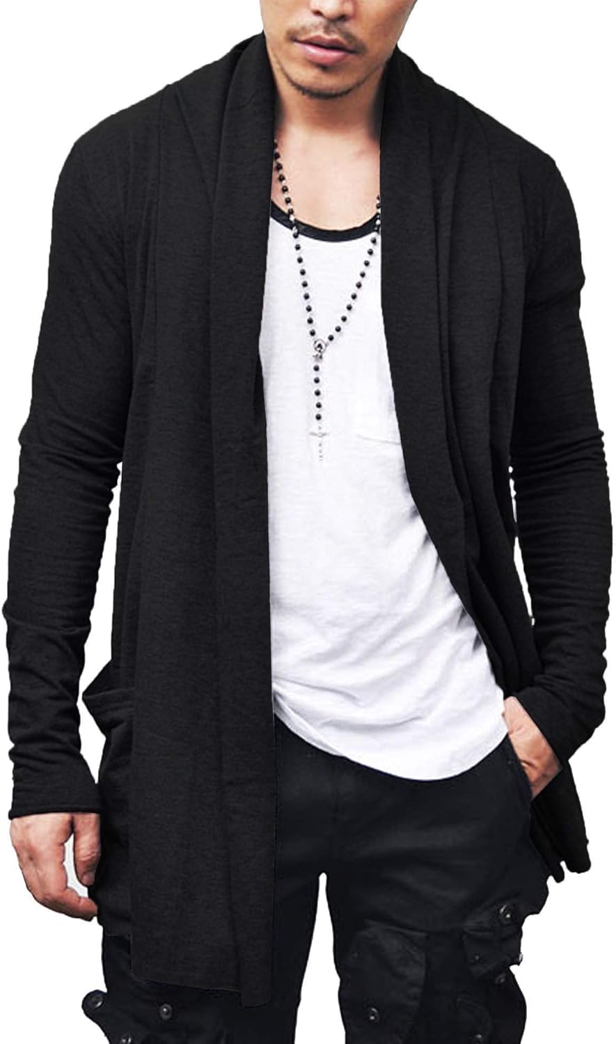 Men's Ruffle Shawl Collar Cardigan Open Front Lightweight Long Length Drape Cape Overcoat with Pockets Black Large