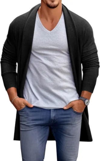 Mens Long Cardigan Sweater Casual Ruffle Shawl Collar Open Front Cardigan Knit Drape Cape Winter Sweaters X-Large Black