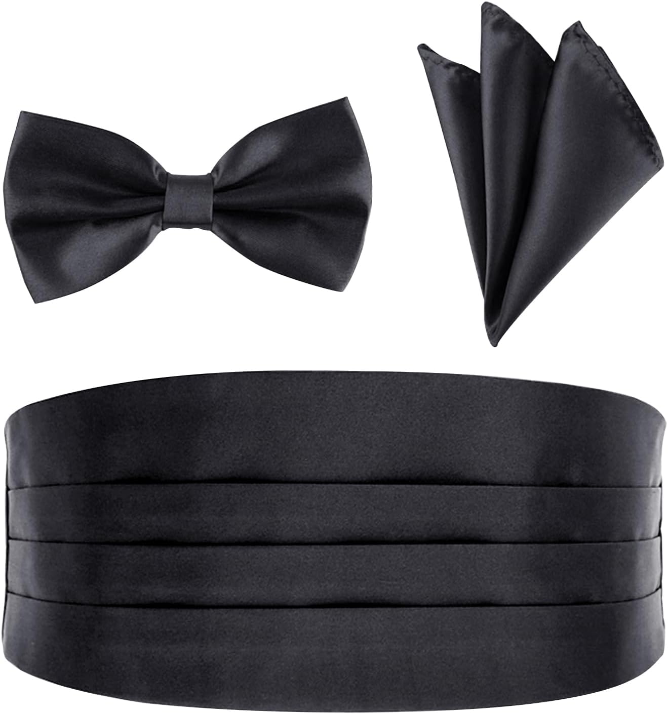 Men's Satin Cummerbund Pretied Bow Tie Breast Pocket Handkerchief Set for Special Occassions