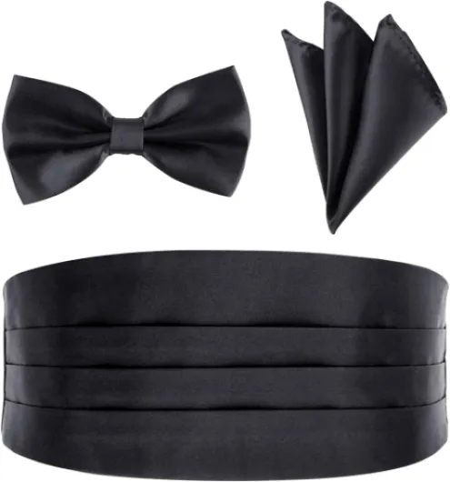 Men's Satin Cummerbund Pretied Bow Tie Breast Pocket Handkerchief Set for Special Occassions
