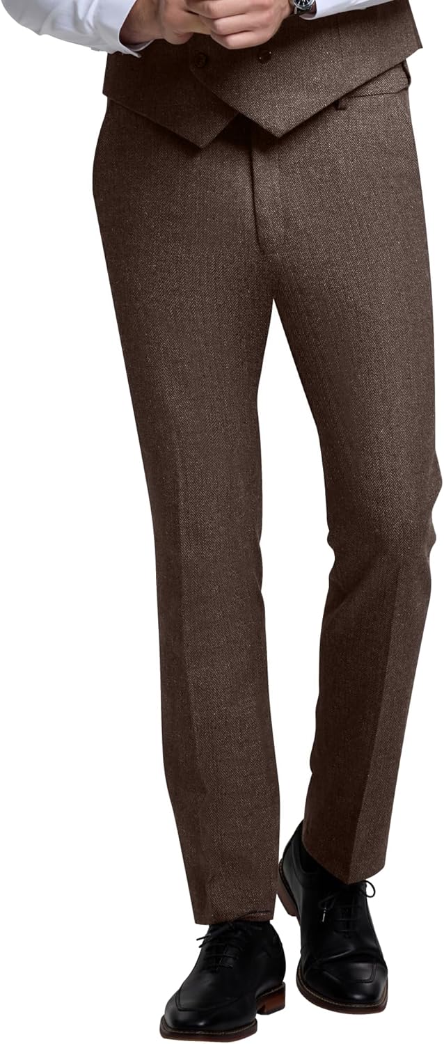Men's Tweed Herringbone Pant Dress Pants for Men Hidden Expandable Waist Suit Trousers Slacks Dark Brown XX-Large