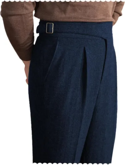 Men Trousers Vintage Tweed Blend Pants Herringbone Slim Fit Pleat-Front Pant Navy 36W x 34L