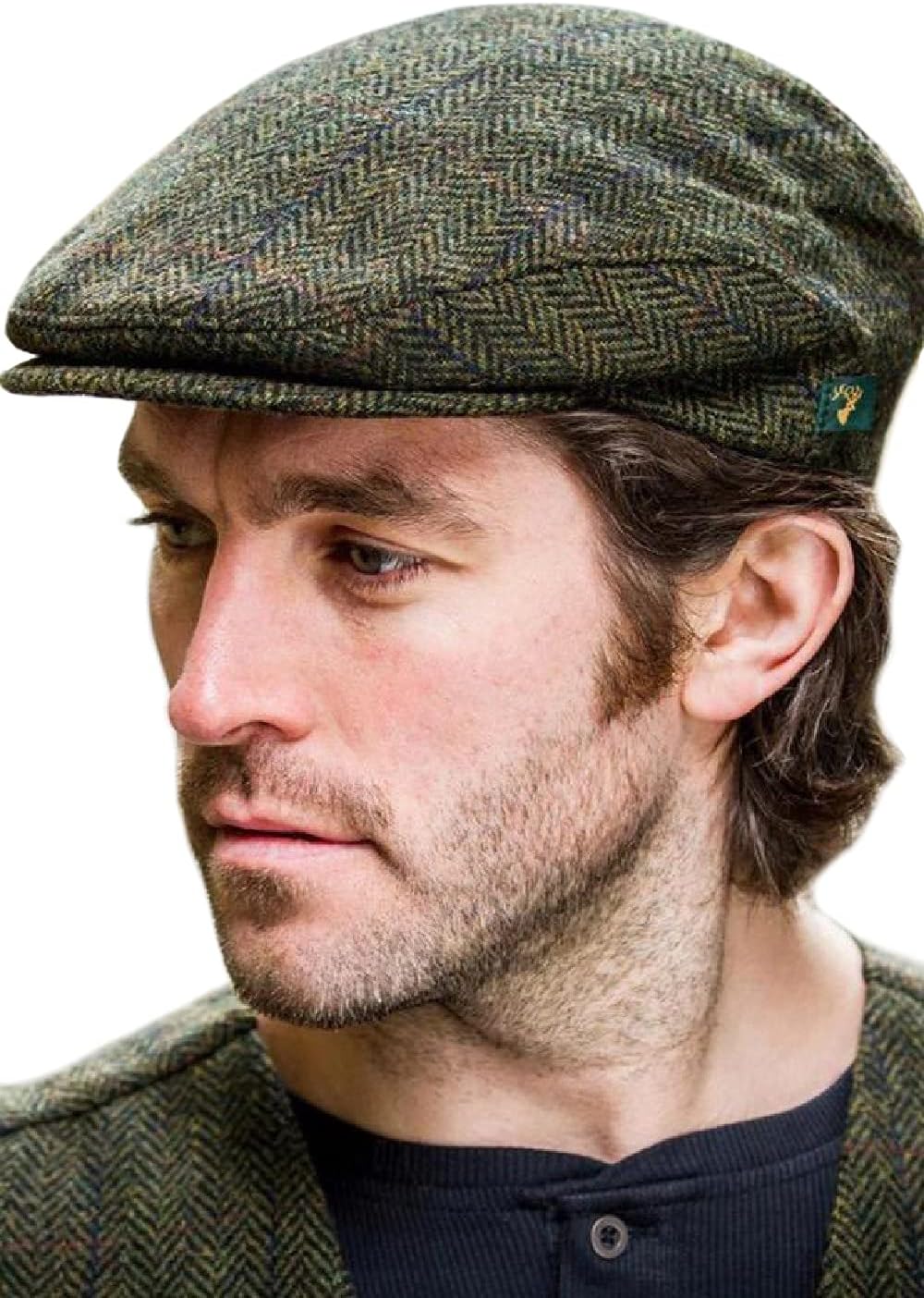 Irish Trinity Donegal Tweed Flat Cap, 100% Wool, Quilted Interior, Made in Ireland XX-Large Green Herringbone