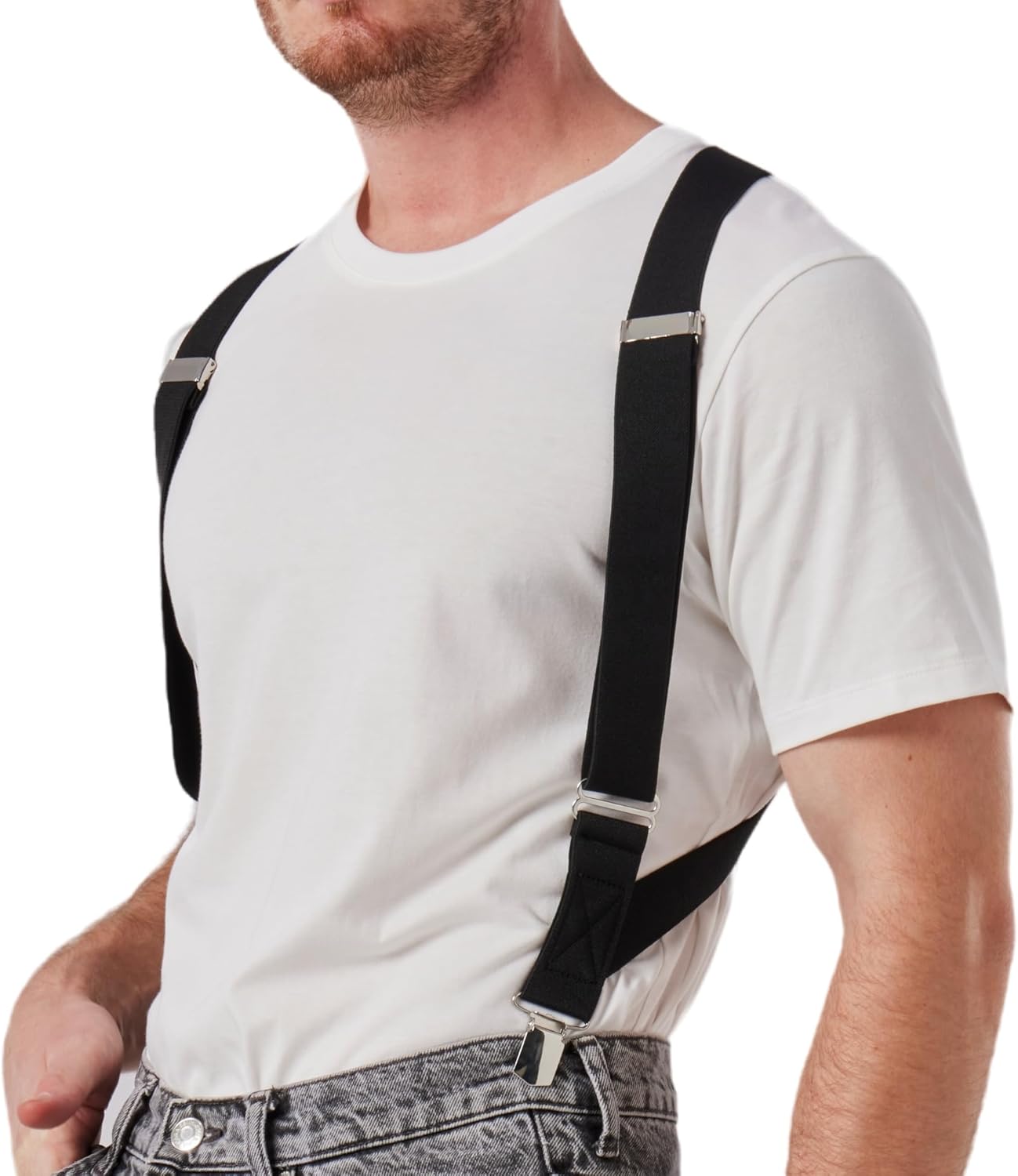 2 Clips Men's Suspenders X-Back Clip-On Elastic Braces for Formal and Casual Wear Black