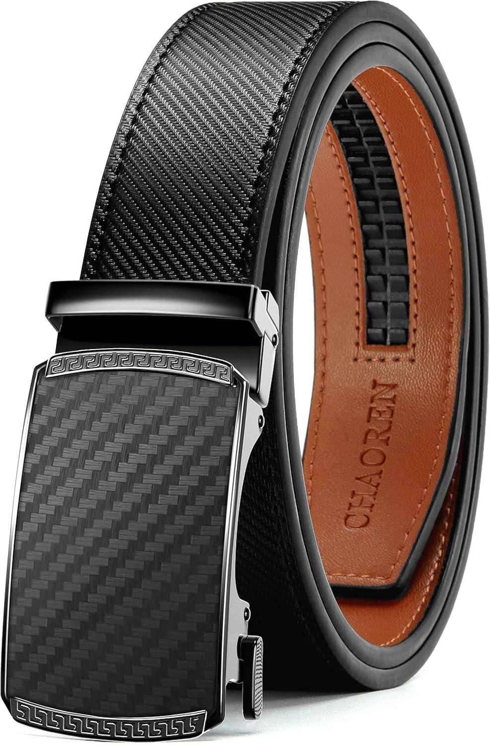 Mens Belt Leather Ratchet Belt - Customizable Fit, Effortless Style (35mm) Carbon Fiber / Black 36" to 42" Waist Adjustable