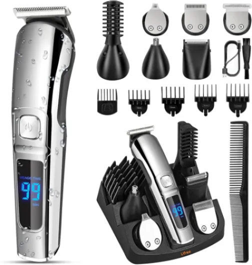 Ufree Beard Trimmer for Men, Waterproof Electric Razor for Nose, Body, Face & Mustache, Cordless Hair Clippers Shavers Grooming Kit, Gifts for Men Husband Father Silver