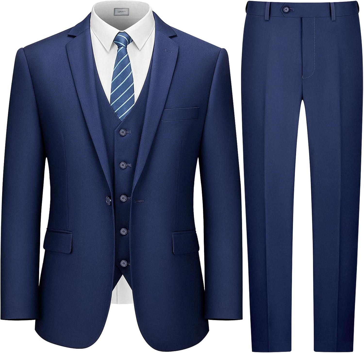 Suits for Men, 3 Piece Men's Suit Slim Fit, Solid Jacket Vest Pants with Tie, One Button Tuxedo Set Large Navy Blue