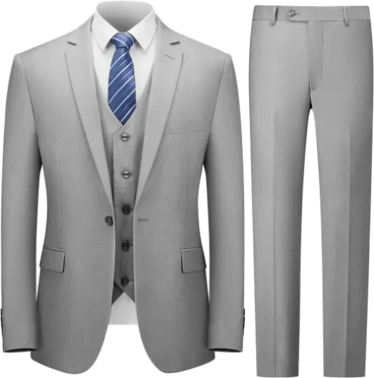 Cooper & Nelson Men's Suit Slim Fit, 3 Piece Suits for Men, One Button Solid Jacket Vest Pants with Tie, Tuxedo Set Large Light Grey
