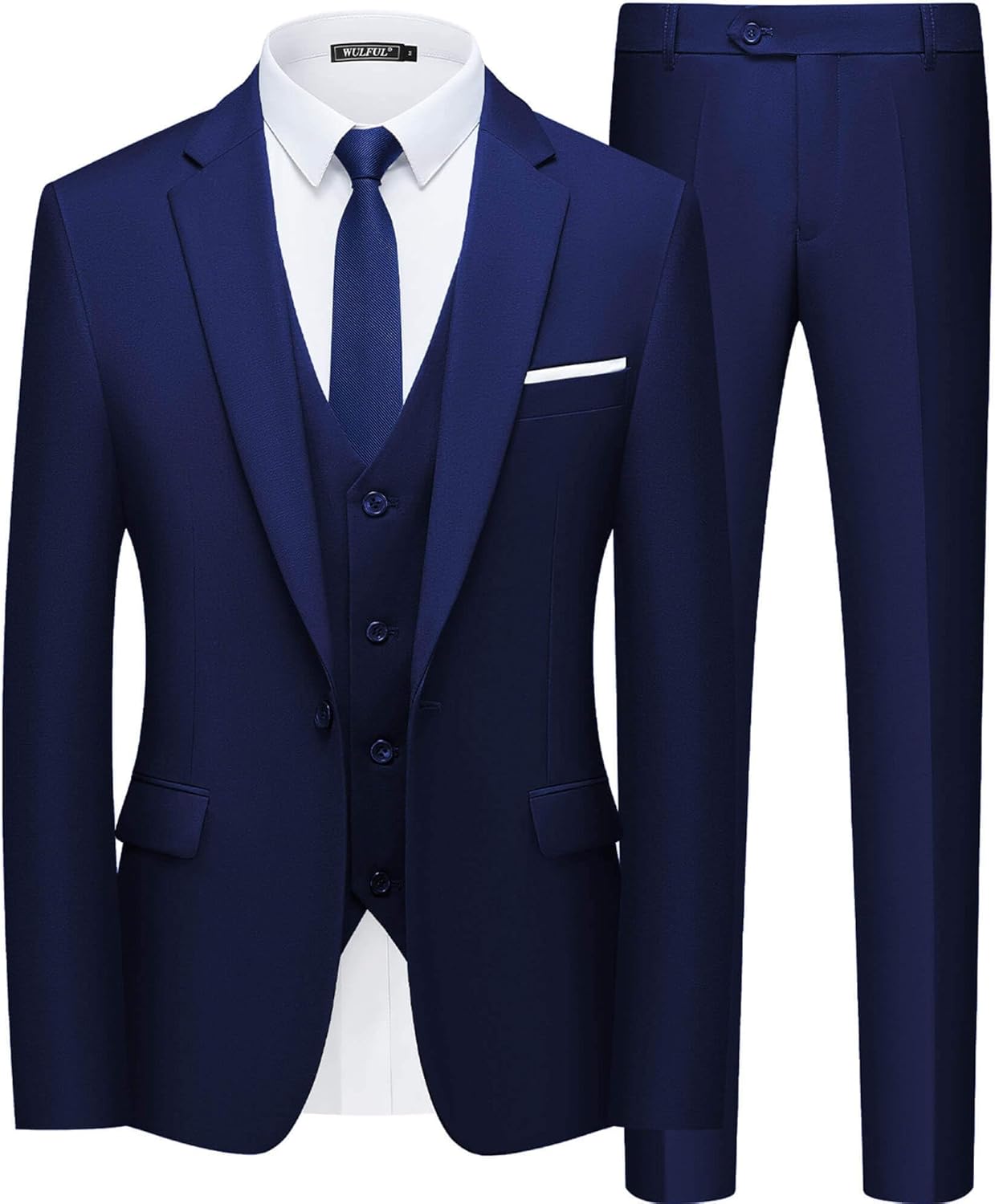 Men’s Slim Fit Suit One Button 3-Piece Blazer Dress Business Wedding Party Jacket Vest & Pant Blue Medium