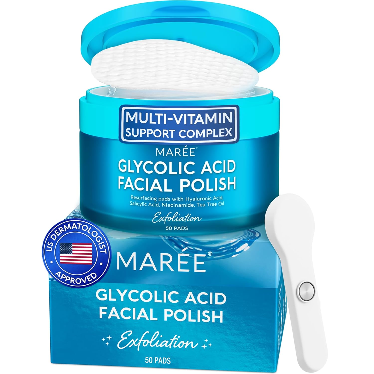 Glycolic Acid Pads - Toner Pads for Face Cleansing - Exfoliating Pad with Tea Tree Oil, Salicylic Acid & Vitamins E, B3, B5 - Acne Clearing, Skin Pore Resurfacing & Radiance Device - 50 Count Glycolic Pads