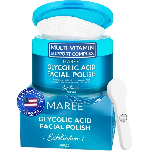 Glycolic Acid Pads - Toner Pads for Face Cleansing - Exfoliating Pad with Tea Tree Oil, Salicylic Acid & Vitamins E, B3, B5 - Acne Clearing, Skin Pore Resurfacing & Radiance Device - 50 Count Glycolic Pads