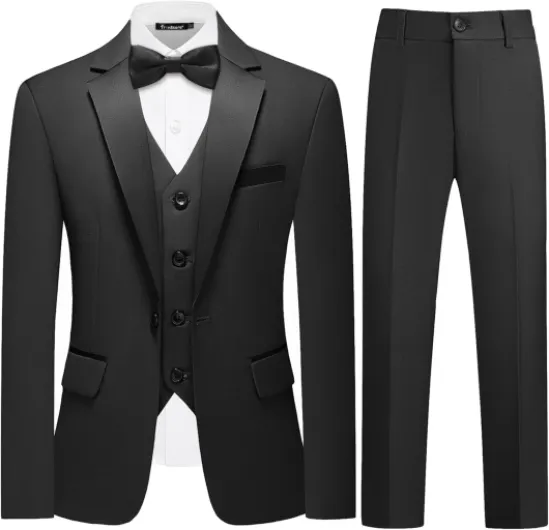 Boys'5 Pieces Formal Suit Set Kids Outfit Wedding Tuxedo with Vest Shirt Bow Tie for Teens 4T-18 Years Black 14 Years