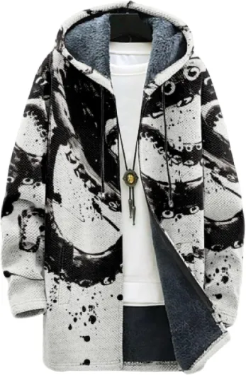 2025 Men's Ethnic Pattern Hooded Jacket Long Cardigan Hoodies Full Zip Vintage Knitted Zipper Coat with Pocket Style32 XX-Large