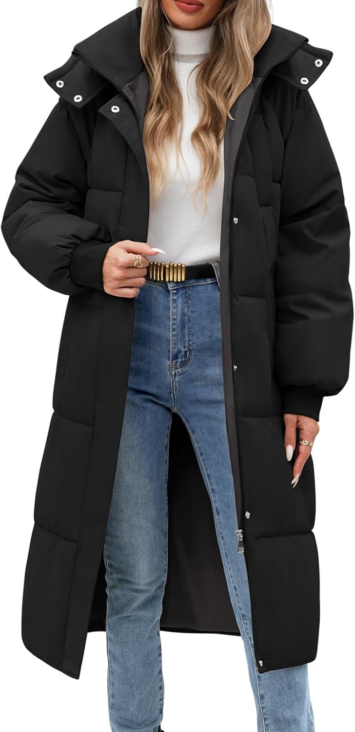 Women's Long Puffer Coat - Warm Winter Quilted Jacket Full Length Zip Up Down Coat Thickened Puffy Parka with Hood Black Large