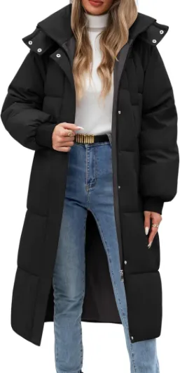 Women's Long Puffer Coat - Warm Winter Quilted Jacket Full Length Zip Up Down Coat Thickened Puffy Parka with Hood Black Large