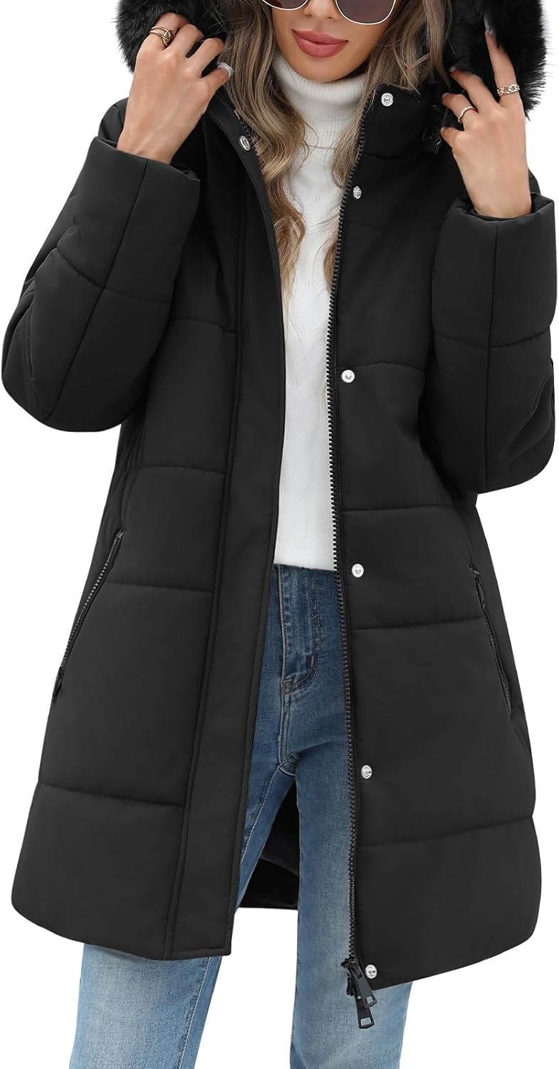 Women's Thicken Puffer Coat Winter Warm Fleece Quilted Jacket Padded Parka Coat with Removable Hood Black Large