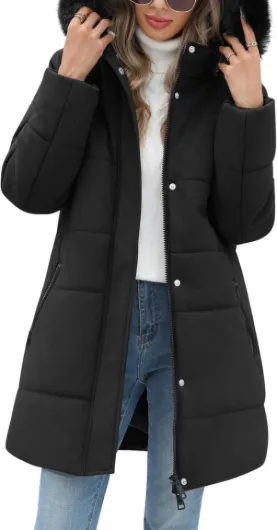 Women's Thicken Puffer Coat Winter Warm Fleece Quilted Jacket Padded Parka Coat with Removable Hood Black Large