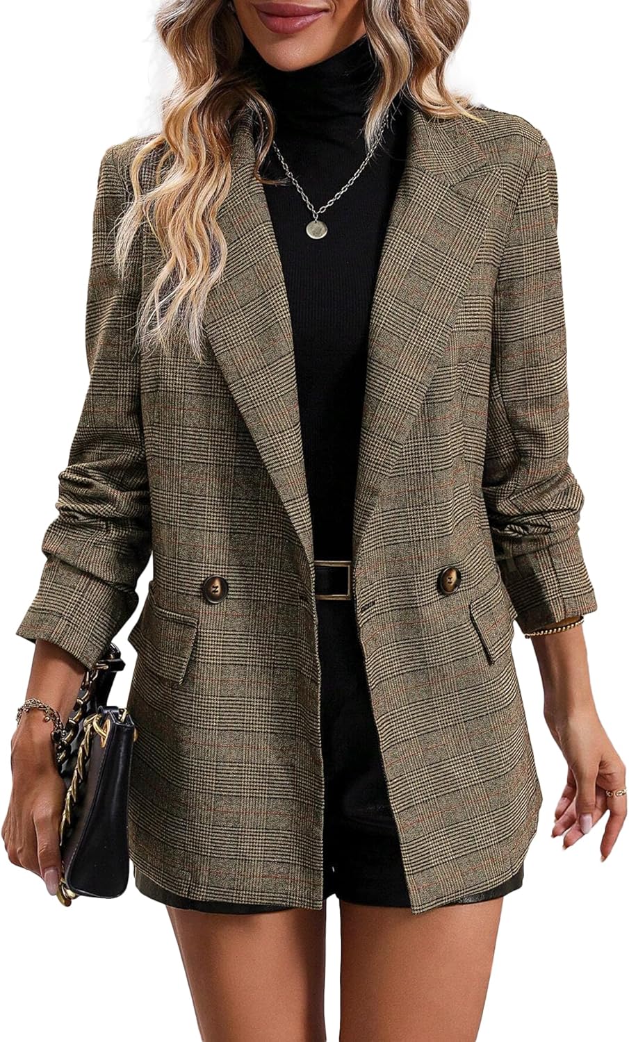 Womens 2024 Fall Houndstooth Plaid Blazer Jacket Button Notch Lapel Casual Elegant Work Offcie Suit with Pockets Plaid-khaki Large