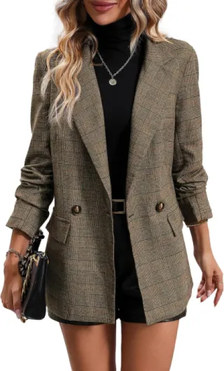 Womens 2024 Fall Houndstooth Plaid Blazer Jacket Button Notch Lapel Casual Elegant Work Offcie Suit with Pockets Plaid-khaki Large