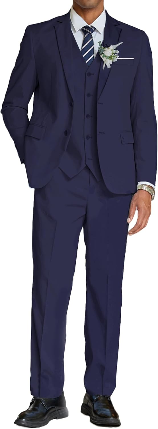Men's 3 Piece Linen Suits Casual Lightweight Blazer Jackets Vest Pants Set for Wedding Business Prom Dark Blue 3X-Large