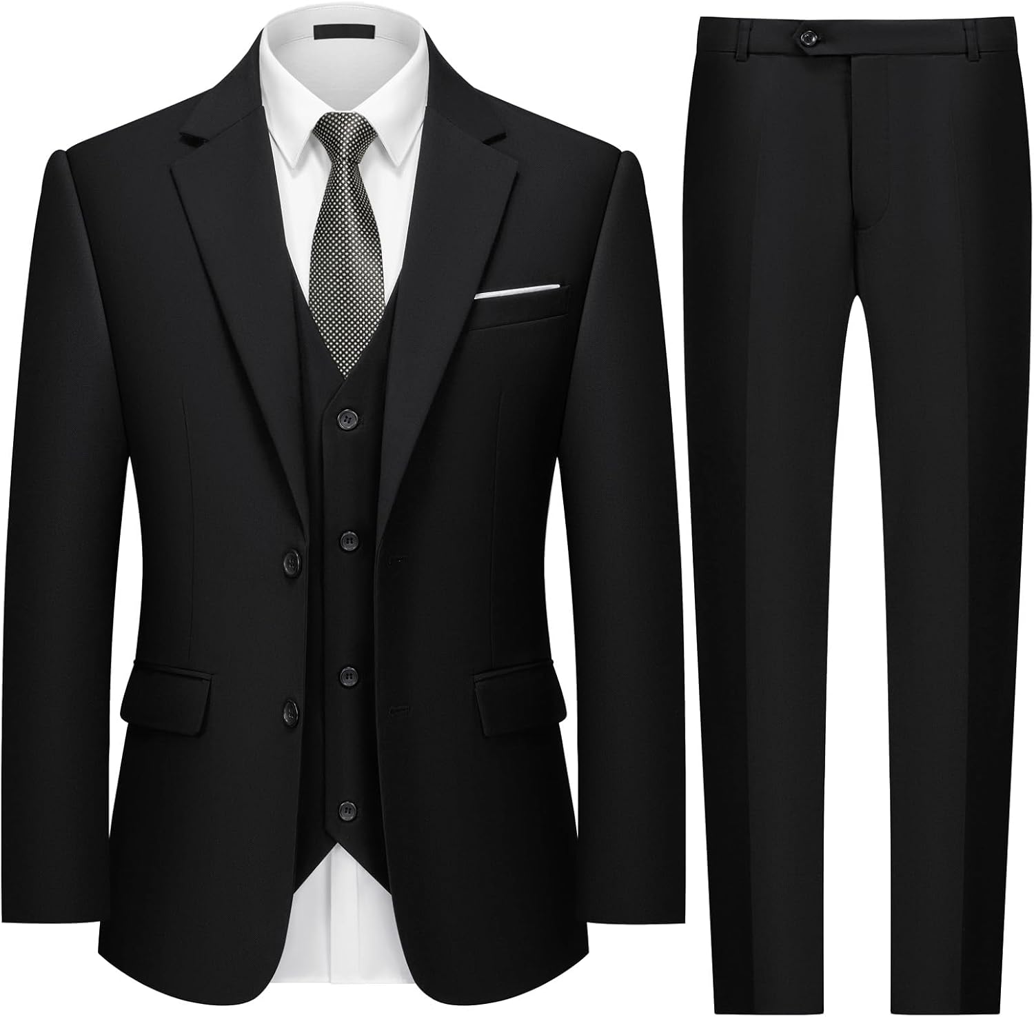 Mens Two Button 3-Piece Suits Slim Fit Tuxedo Set with Blazer Jacket Vest & Pants for Wedding Prom Business Black Large