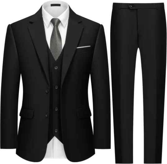 Mens Two Button 3-Piece Suits Slim Fit Tuxedo Set with Blazer Jacket Vest & Pants for Wedding Prom Business Black Large