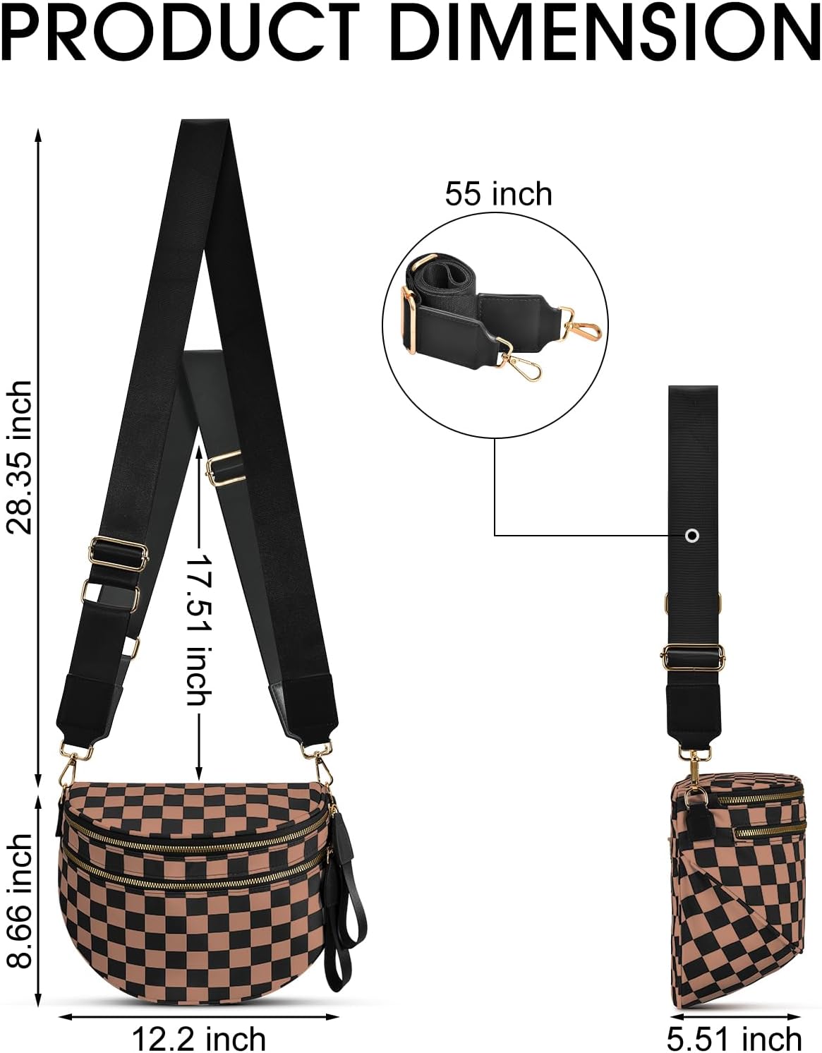 Checkered Nylon Crossbody Bag Bum Bag for Women Mom Spacious Checkered Crossbody Purses Shoulder Handbag Khaki Checkered