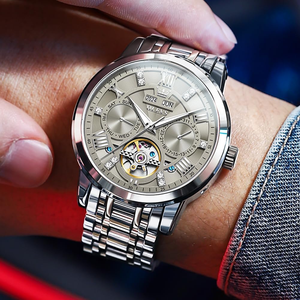 OLEVS Watches for Men Stainless Steel Analog Quartz Waterproof Luminous Luxury Dress Date Diamond Business Casual Mens Wrist Watch（Gold/Blue/Black/White Dial） 6701:silver Strap&grey Dial