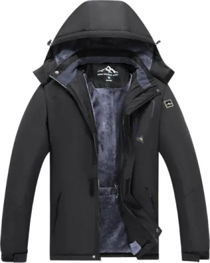 Men's Waterproof Winter Jacket Windproof Warm Ski Fleece Outdoor Coat with Removable Hood 3XL Black