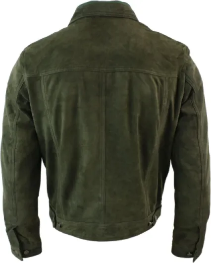 Infinity Mens Vintage Short Denim Style Retro Real Suede Leather Jean Jacket Casual Wine Green 4XL Olive