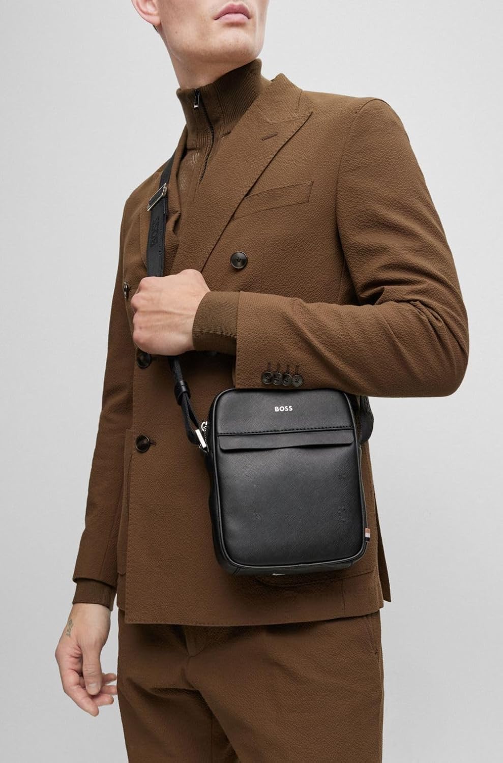 BOSS Mens Zair NS Zip Structured-Leather Reporter Bag with Logo Detail Size One Size