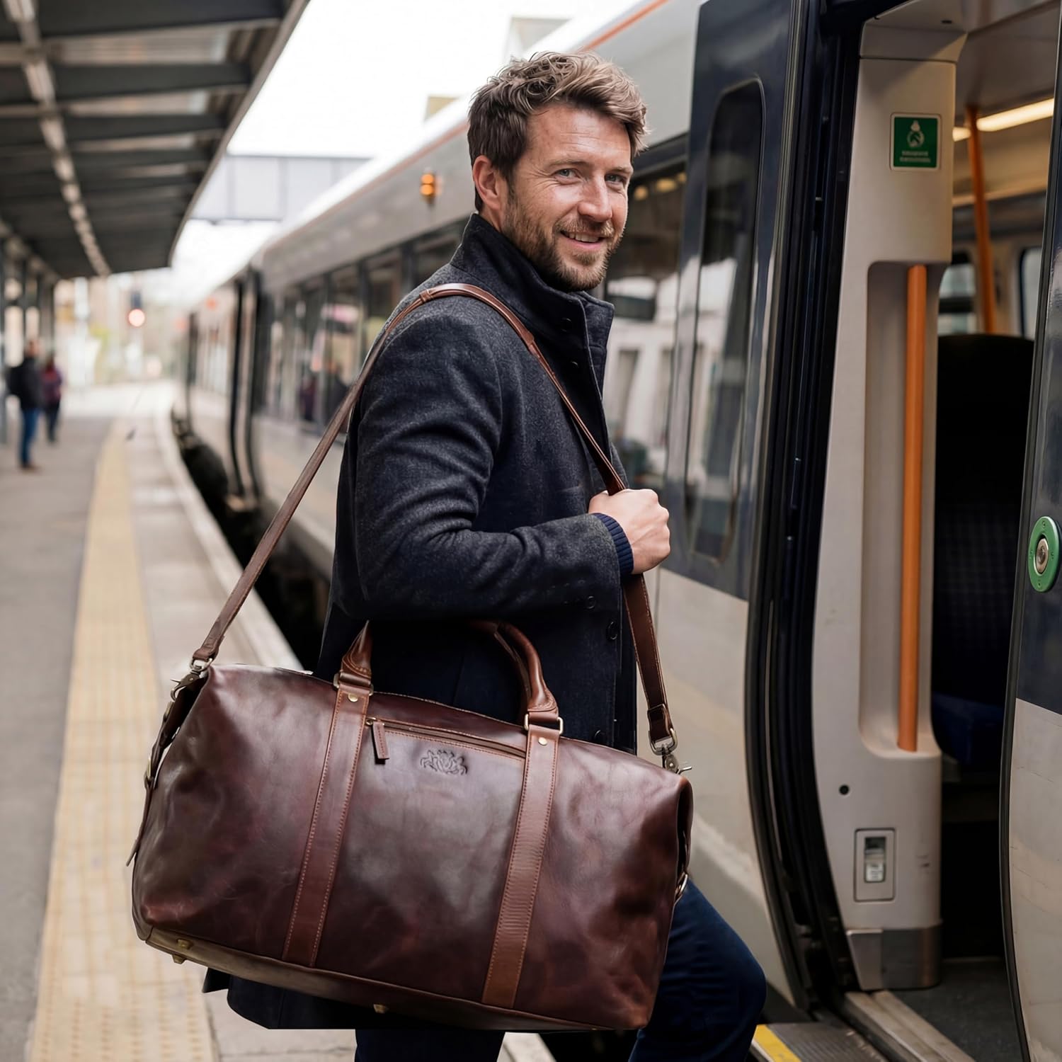 SID & VAIN Travel Bag Holdall Zane XL Duffel Bag Real Leather Weekender Duffle Leather Bag Men´s Bag Brown-cognac