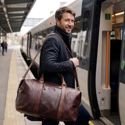 SID & VAIN Travel Bag Holdall Zane XL Duffel Bag Real Leather Weekender Duffle Leather Bag Men´s Bag Brown-cognac