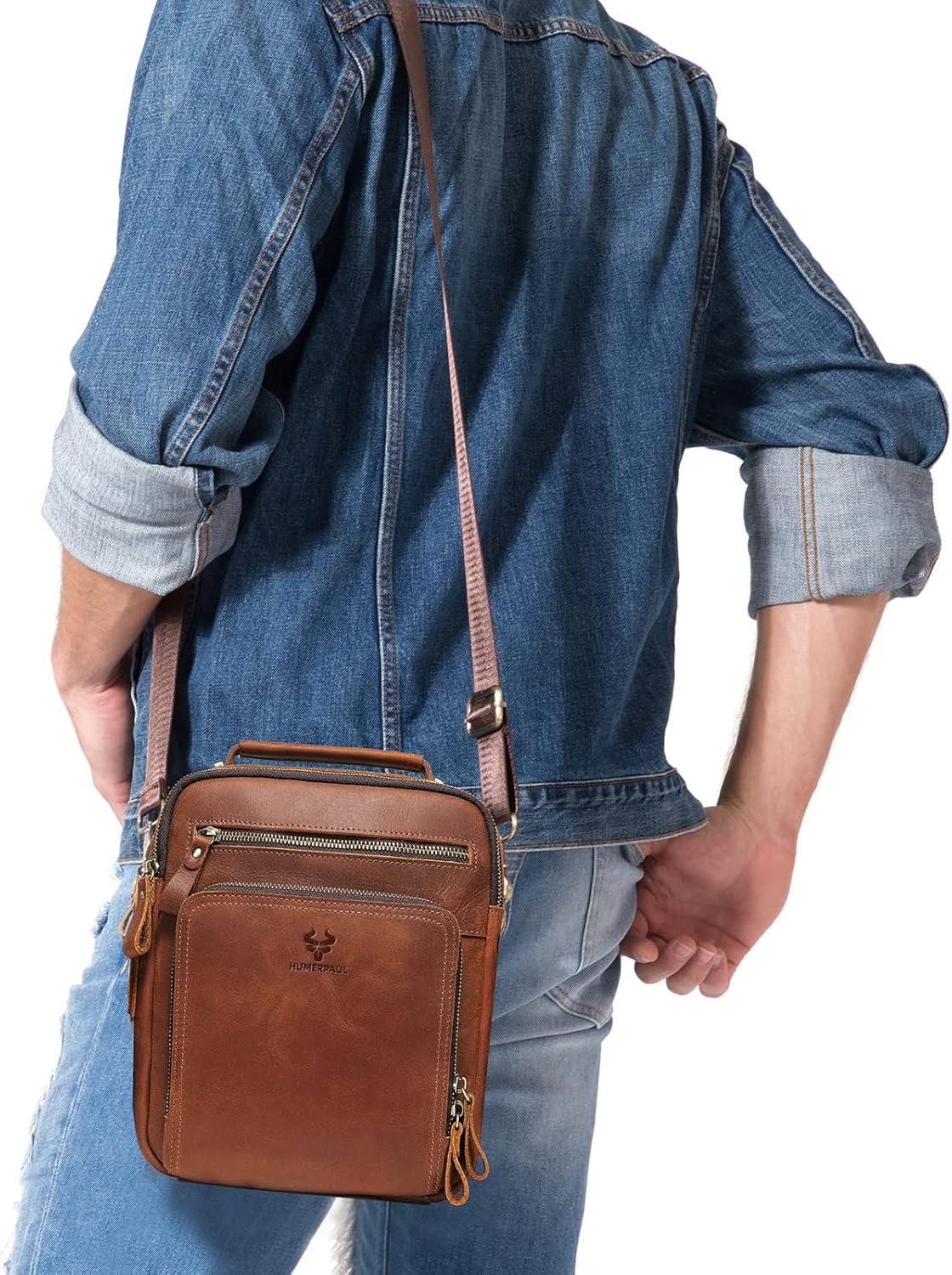 HUMERPAUL Crossbody Bag Shoulder Bag for Men, Genuine Leather Man Bag Vintage Messenger Bag for Travel Work Business Mh573-brown