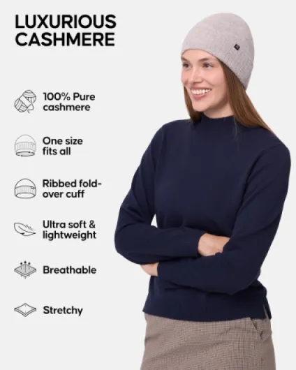 100% Cashmere Beanie Hat, Luxuriously Soft, Premium Comfort, Warm Winter Hat, Unisex, for Men & Women Light Grey Melange One Size