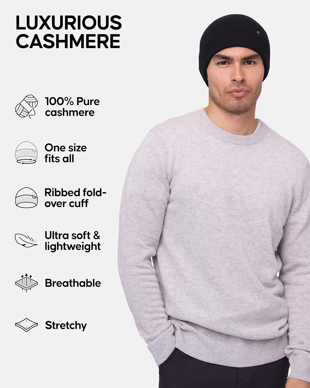 100% Cashmere Beanie Hat, Luxuriously Soft, Premium Comfort, Warm Winter Hat, Unisex, for Men & Women Black One Size