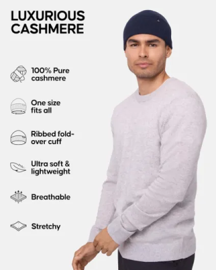 100% Cashmere Beanie Hat, Luxuriously Soft, Premium Comfort, Warm Winter Hat, Unisex, for Men & Women Dark Navy One Size