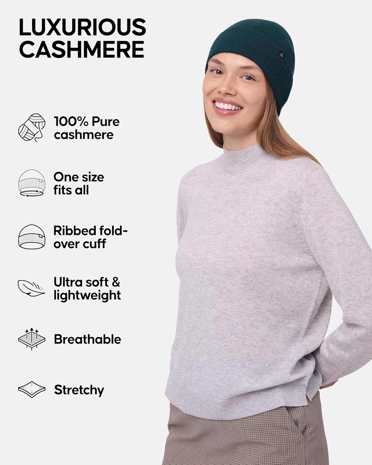 100% Cashmere Beanie Hat, Luxuriously Soft, Premium Comfort, Warm Winter Hat, Unisex, for Men & Women Dark Green One Size