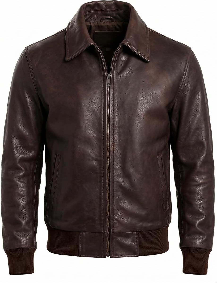 Mens Soft Lambskin Leather Bomber Jackets Motorcycle Casual Jacket Brown - Black XL Brown